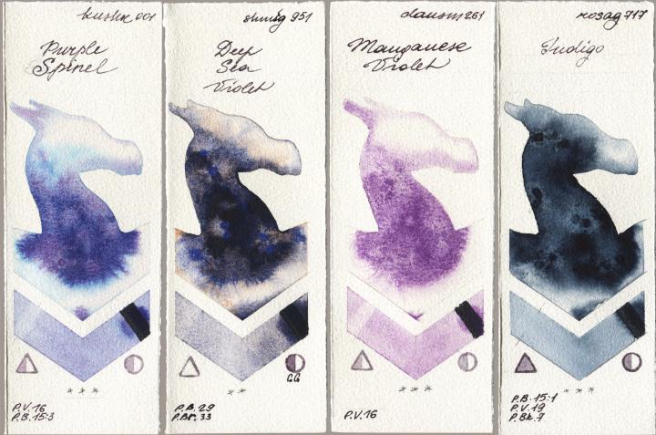 Kusakabe 001 Purple Spinel vs Shminke Horadam Aquarell 951 Deep Sea Violet vs Daniel Smith 261 Manganese Violet vs Rosa Gallery 717 Indigo watercolor swatch