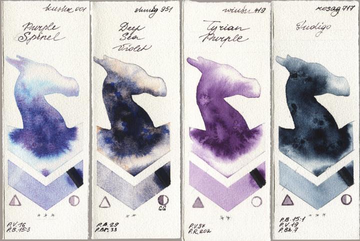 Kusakabe 001 Purple Spinel vs Shminke Horadam Aquarell 951 Deep Sea Violet vs Winsor & Newton Professional 419 Tyrian Purple vs Rosa Gallery 717 Indigo watercolor swatch