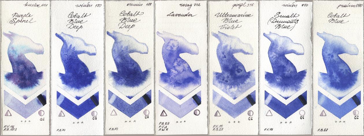 Kusakabe 001 Purple Spinel, Winsor & Newton Professional 180 Cobalt Blue Deep, Shminke Horadam Aquarell 488 Cobalt Blue Deep, Rosa Gallery 742 Lavender, Golden QOR 316 Ultramarine Blue Violet, 710 Smalt (Dumonts Blue), M. Graham & Co. Artists 090 Cobalt Bl watercolor swatch