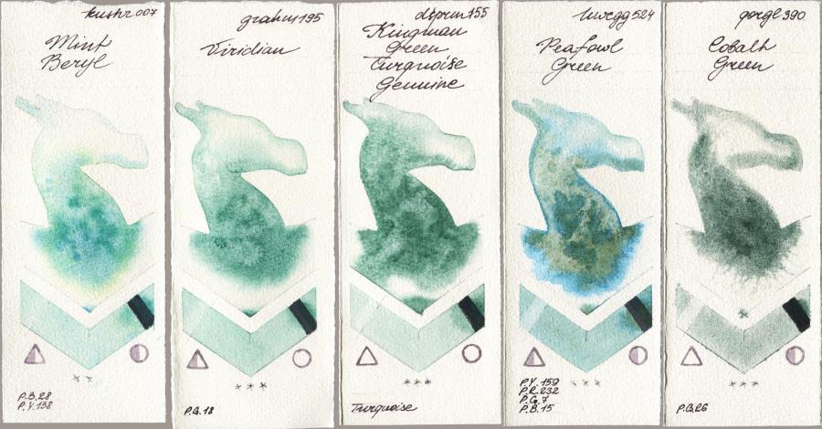 Kusakabe 007 Mint Beryl vs M. Graham & Co. Artists 195 Viridian vs Daniel Smith 155 Kingman Green Turquoise Genuine vs Holbein Artists Watercolor 524 Peafowl Green vs Golden QOR 390 Cobalt Green watercolor swatch