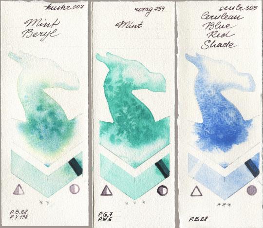 Kusakabe 007 Mint Beryl vs Rosa Gallery 754 Mint vs Sennelier l Aquarelle 305 Cerulean Blue Red Shade watercolor swatch