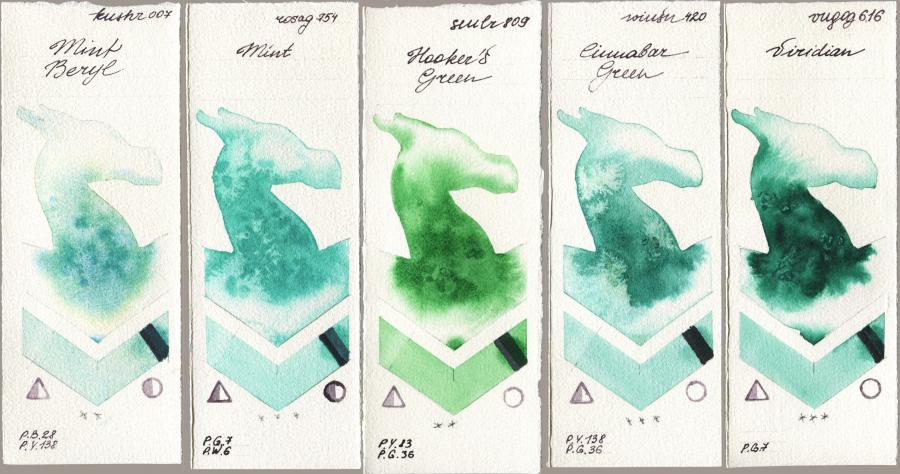Kusakabe 007 Mint Beryl vs Rosa Gallery 754 Mint vs Sennelier l Aquarelle 809 Hookers Green vs Winsor & Newton Professional 420 Cinnabar Green vs Royal Talens Van Gogh Watercolour 616 Viridian watercolor swatch