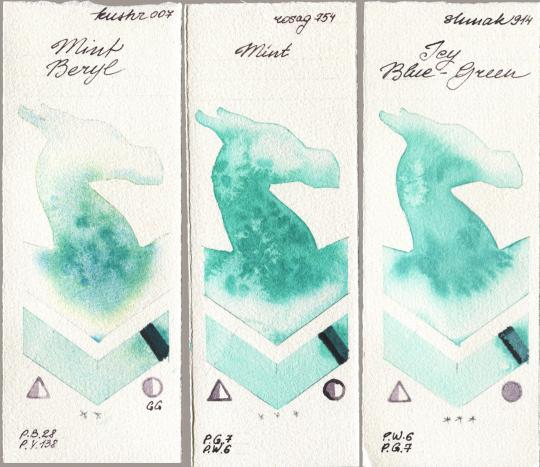 Kusakabe 007 Mint Beryl, Rosa Gallery 754 Mint, Shminke Akademie Aquarell 914 Icy Blue-Gre watercolor swatch