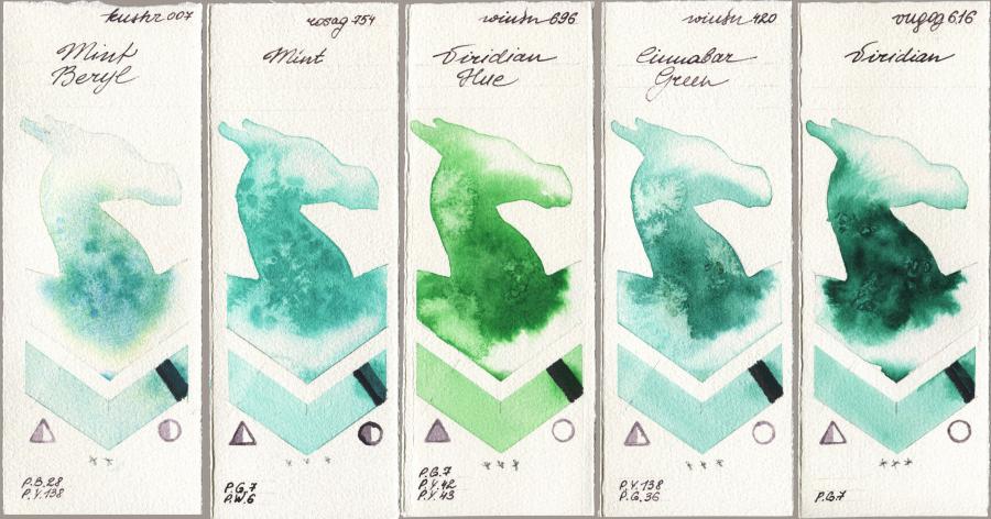 Kusakabe 007 Mint Beryl vs Rosa Gallery 754 Mint vs Winsor & Newton Professional 696 Viridian Hue vs 420 Cinnabar Green vs Royal Talens Van Gogh Watercolour 616 Viridian watercolor swatch