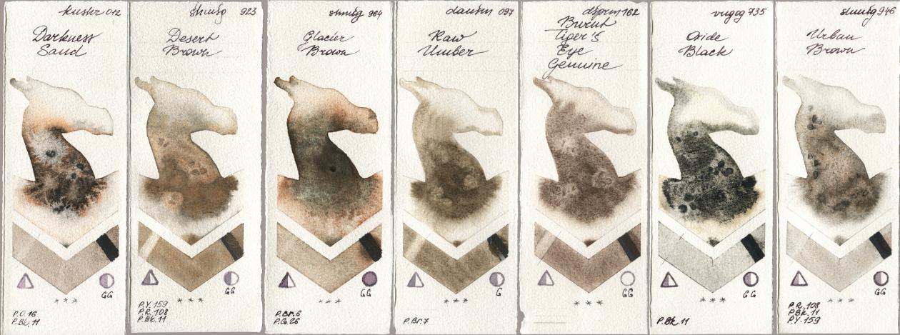 Kusakabe 012 Darkness Sand, Shminke Horadam Aquarell 923 Desert Brown, 964 Glacier Brown, Daniel Smith 097 Raw Umber, 162 Burnt Tigers Eye Genuine, Royal Talens Van Gogh Watercolour 735 Oxide Black, 946 Urban Bro watercolor swatch