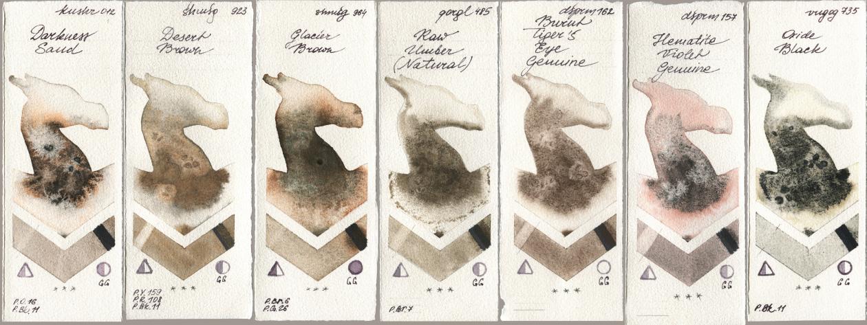 Kusakabe 012 Darkness Sand, Shminke Horadam Aquarell 923 Desert Brown, 964 Glacier Brown, Golden QOR 485 Raw Umber (Natural), Daniel Smith 162 Burnt Tigers Eye Genuine, 157 Hematite Violet Genuine, Royal Talens Van Gogh Watercolour 735 Oxide Bla watercolor swatch