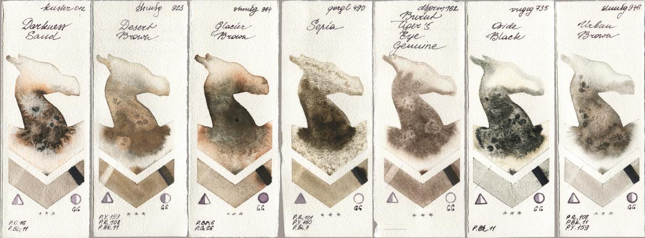 Kusakabe 012 Darkness Sand, Shminke Horadam Aquarell 923 Desert Brown, 964 Glacier Brown, Golden QOR 490 Sepia, Daniel Smith 162 Burnt Tigers Eye Genuine, Royal Talens Van Gogh Watercolour 735 Oxide Black, 946 Urban Bro watercolor swatch