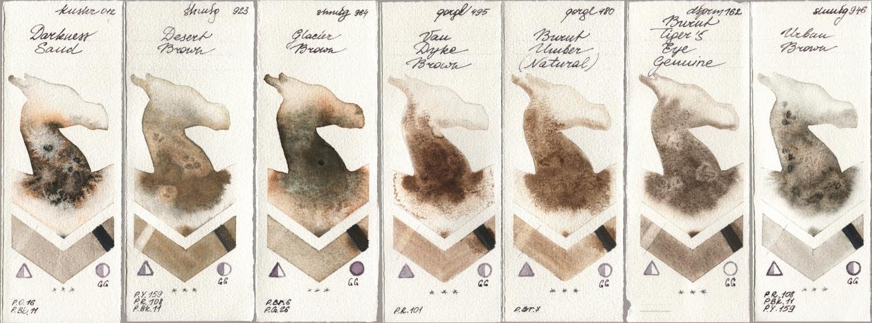 Kusakabe 012 Darkness Sand, Shminke Horadam Aquarell 923 Desert Brown, 964 Glacier Brown, Golden QOR 495 Van Dyke Brown, 480 Burnt Umber (Natural), Daniel Smith 162 Burnt Tigers Eye Genuine, 946 Urban Bro watercolor swatch