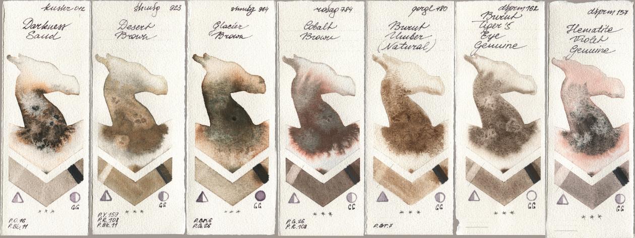 Kusakabe 012 Darkness Sand, Shminke Horadam Aquarell 923 Desert Brown, 964 Glacier Brown, Rosa Gallery 784 Cobalt Brown, Golden QOR 480 Burnt Umber (Natural), Daniel Smith 162 Burnt Tigers Eye Genuine, 157 Hematite Violet Genui watercolor swatch