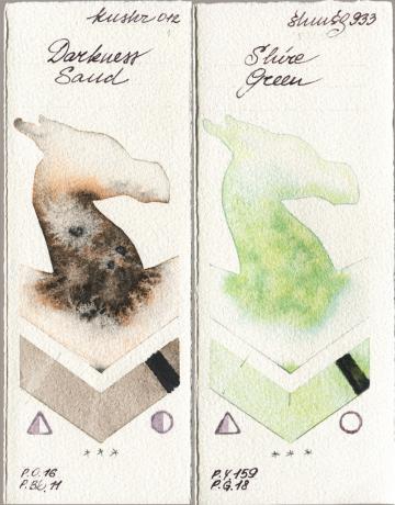 Kusakabe 012 Darkness Sand vs Shminke Horadam Aquarell 933 Shire Green watercolor swatch