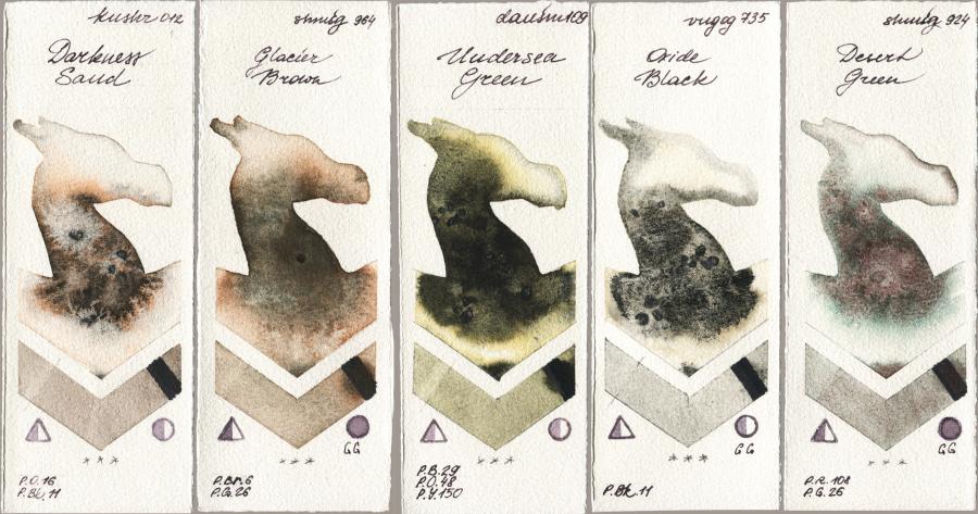 Kusakabe 012 Darkness Sand vs Shminke Horadam Aquarell 964 Glacier Brown vs Daniel Smith 109 Undersea Green vs Royal Talens Van Gogh Watercolour 735 Oxide Black vs 924 Desert Green watercolor swatch