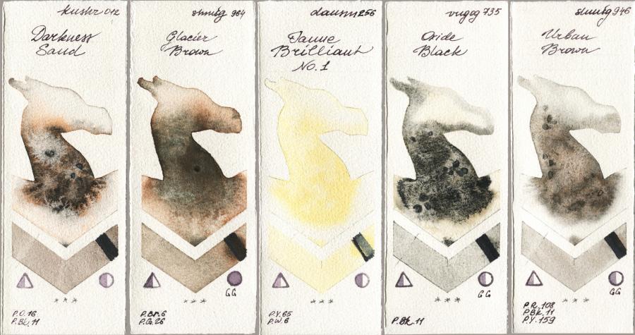 Kusakabe 012 Darkness Sand vs Shminke Horadam Aquarell 964 Glacier Brown vs Daniel Smith 256 Jaune Brilliant No 1 vs Royal Talens Van Gogh Watercolour 735 Oxide Black vs 946 Urban Brown watercolor swatch