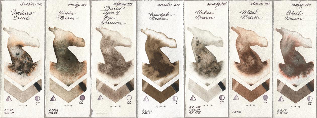 Kusakabe 012 Darkness Sand, Shminke Horadam Aquarell 964 Glacier Brown, Daniel Smith 162 Burnt Tigers Eye Genuine, Winsor & Newton Professional 676 Vandyke Brown, 946 Urban Brown, 658 Mars Brown, Rosa Gallery 784 Cobalt Bro watercolor swatch