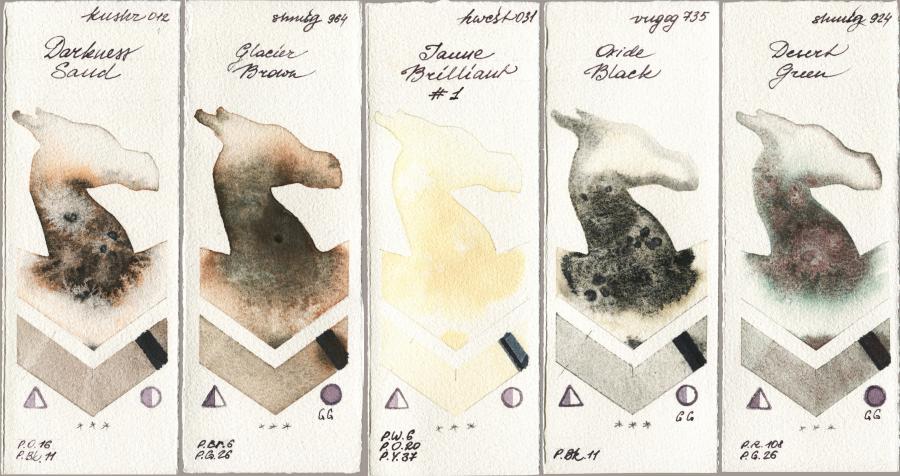 Kusakabe 012 Darkness Sand vs Shminke Horadam Aquarell 964 Glacier Brown vs Holbein Artists Watercolor 031 Jaune Brilliant No 1 vs Royal Talens Van Gogh Watercolour 735 Oxide Black vs 924 Desert Green watercolor swatch