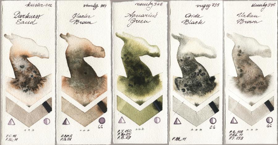 Kusakabe 012 Darkness Sand vs Shminke Horadam Aquarell 964 Glacier Brown vs Roman Szmal Aquarius 346 Aquarius Green vs Royal Talens Van Gogh Watercolour 735 Oxide Black vs 946 Urban Brown watercolor swatch