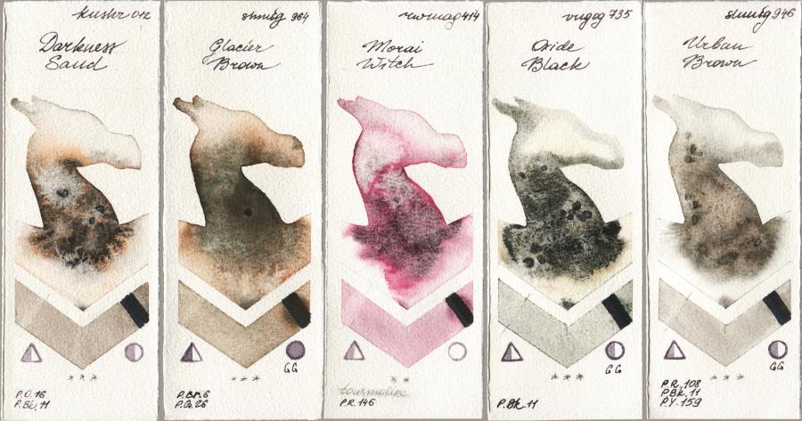 Kusakabe 012 Darkness Sand vs Shminke Horadam Aquarell 964 Glacier Brown vs Rockwell 414 Morai Witch vs Royal Talens Van Gogh Watercolour 735 Oxide Black vs 946 Urban Brown watercolor swatch