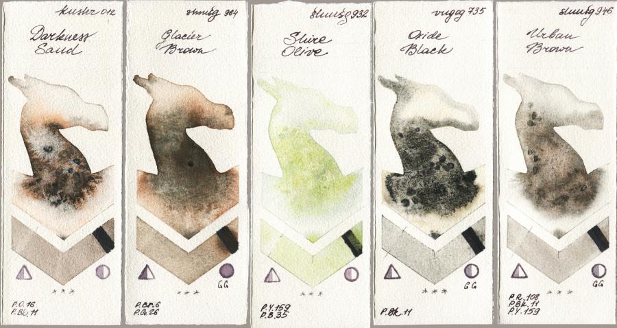 Kusakabe 012 Darkness Sand vs Shminke Horadam Aquarell 964 Glacier Brown vs 932 Shire Olive vs Royal Talens Van Gogh Watercolour 735 Oxide Black vs 946 Urban Brown watercolor swatch