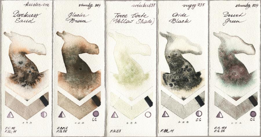 Kusakabe 012 Darkness Sand vs Shminke Horadam Aquarell 964 Glacier Brown vs Winsor & Newton Professional 638 Terre Verte (Yellow Shade) vs Royal Talens Van Gogh Watercolour 735 Oxide Black vs 924 Desert Green watercolor swatch