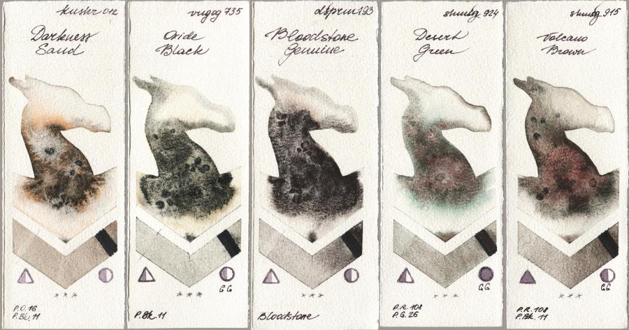 Kusakabe 012 Darkness Sand vs Royal Talens Van Gogh Watercolour 735 Oxide Black vs Daniel Smith 193 Bloodstone Genuine vs Shminke Horadam Aquarell 924 Desert Green vs 915 Volcano Brown watercolor swatch