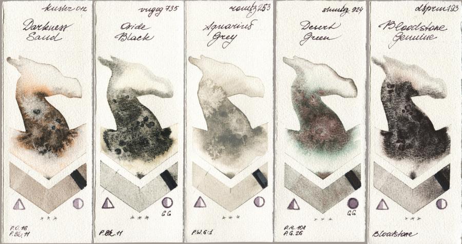 Kusakabe 012 Darkness Sand vs Royal Talens Van Gogh Watercolour 735 Oxide Black vs Roman Szmal Aquarius 253 Aquarius Grey vs Shminke Horadam Aquarell 924 Desert Green vs Daniel Smith 193 Bloodstone Genuine watercolor swatch