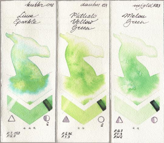 Kusakabe 016 Lime Sparkle, Daniel Smith 124 Phthalo Yellow Green, Mijello Mission Gold 593 Melon Gre watercolor swatch