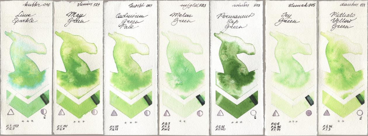 Kusakabe 016 Lime Sparkle, Shminke Horadam Aquarell 524 May Green, Holbein Artists Watercolor 069 Cadmium Green Pale, Mijello Mission Gold 593 Melon Green, Winsor & Newton Professional 503 Permanent Sap Green, Shminke Akademie Aquarell 915 Icy Green, Daniel Smith 124 Phthalo Yellow Gre watercolor swatch