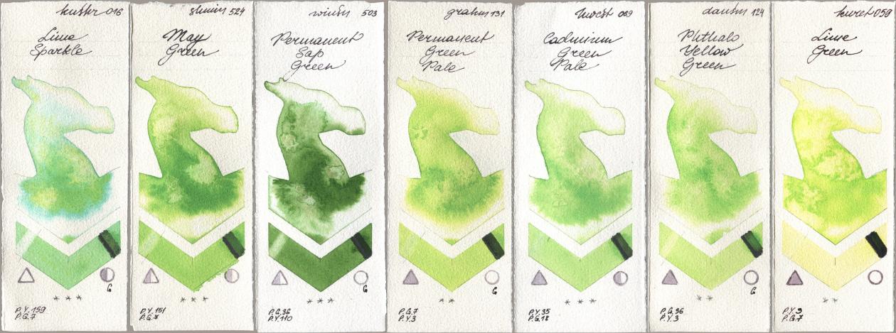 Kusakabe 016 Lime Sparkle, Shminke Horadam Aquarell 524 May Green, Winsor & Newton Professional 503 Permanent Sap Green, M. Graham & Co. Artists 131 Permanent Green Pale, Holbein Artists Watercolor 069 Cadmium Green Pale, Daniel Smith 124 Phthalo Yellow Green, Kuretake Gansai Tambi 059 Lime Gre watercolor swatch
