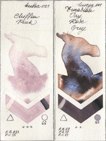 Kusakabe 021 Chiffon Pink, Holbein Artists Watercolor 561 Eurasian Jay Rose Gr watercolor swatch