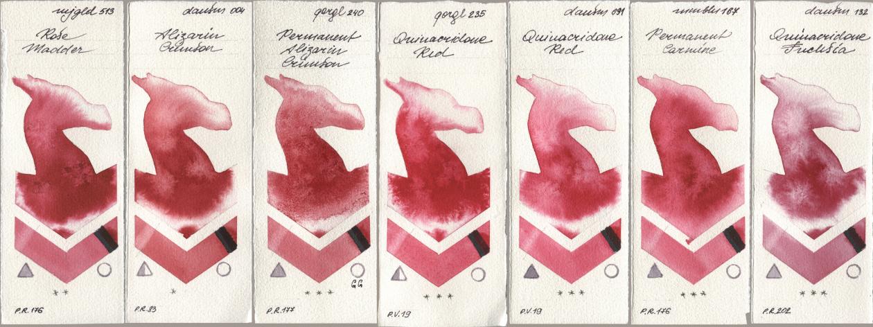 Mijello Mission Gold 513 Rose Madder, Daniel Smith 004 Alizarin Crimson, Golden QOR 240 Permanent Alizarin Crimson, 235 Quinacridone Red, 091 Quinacridone Red, Maimeri Blu 167 Permanent Carmine, 132 Quinacridone Fuchs watercolor swatch