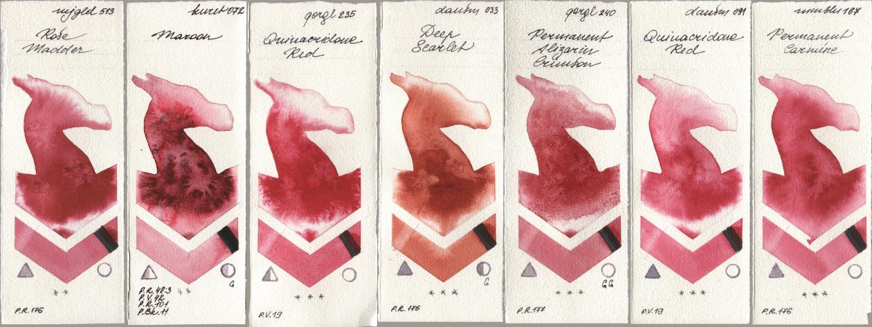 Mijello Mission Gold 513 Rose Madder, Kuretake Gansai Tambi 072 Maroon, Golden QOR 235 Quinacridone Red, Daniel Smith 033 Deep Scarlet, 240 Permanent Alizarin Crimson, 091 Quinacridone Red, Maimeri Blu 167 Permanent Carmi watercolor swatch