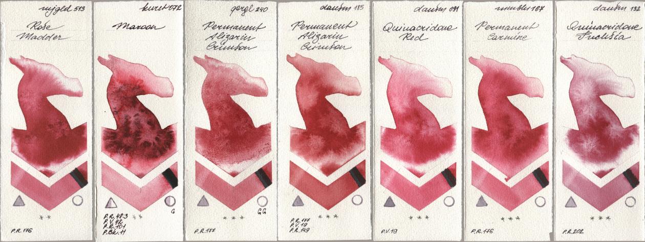 Mijello Mission Gold 513 Rose Madder, Kuretake Gansai Tambi 072 Maroon, Golden QOR 240 Permanent Alizarin Crimson, Daniel Smith 185 Permanent Alizarin Crimson, 091 Quinacridone Red, Maimeri Blu 167 Permanent Carmine, 132 Quinacridone Fuchs watercolor swatch