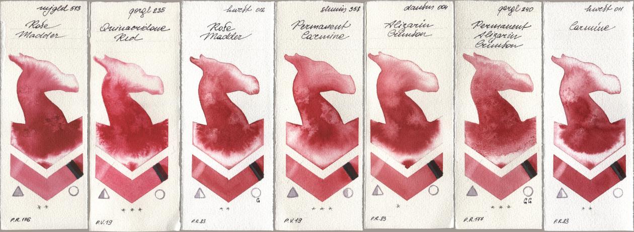 Mijello Mission Gold 513 Rose Madder, Golden QOR 235 Quinacridone Red, Holbein Artists Watercolor 012 Rose Madder, Shminke Horadam Aquarell 353 Permanent Carmine, Daniel Smith 004 Alizarin Crimson, 240 Permanent Alizarin Crimson, 011 Carmi watercolor swatch