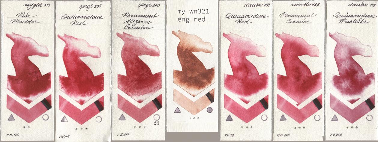 Mijello Mission Gold 513 Rose Madder, Golden QOR 235 Quinacridone Red, 240 Permanent Alizarin Crimson, my 034 eng red, Daniel Smith 091 Quinacridone Red, Maimeri Blu 167 Permanent Carmine, 132 Quinacridone Fuchs watercolor swatch