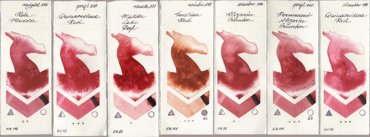 Mijello Mission Gold 513 Rose Madder, Golden QOR 235 Quinacridone Red, Royal Talens Rembrandt Watercolour 331 Madder Lake Deep, Winsor & Newton Professional 678 Venetian Red, Daniel Smith 004 Alizarin Crimson, 240 Permanent Alizarin Crimson, 091 Quinacridone R watercolor swatch