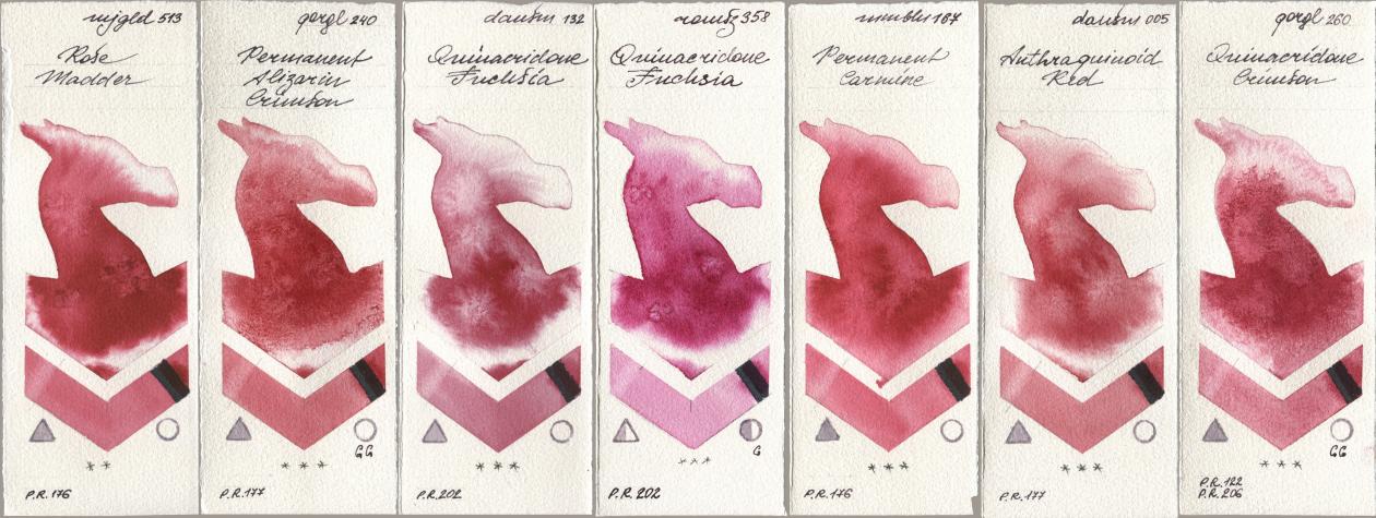 Mijello Mission Gold 513 Rose Madder, Golden QOR 240 Permanent Alizarin Crimson, Daniel Smith 132 Quinacridone Fuchsia, Roman Szmal Aquarius 358 Quinacridone Fuchsia, Maimeri Blu 167 Permanent Carmine, 005 Anthraquinoid Red, 260 Quinacridone Crims watercolor swatch