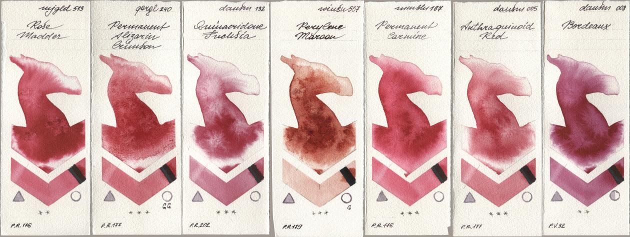 Mijello Mission Gold 513 Rose Madder, Golden QOR 240 Permanent Alizarin Crimson, Daniel Smith 132 Quinacridone Fuchsia, Winsor & Newton Professional 507 Perylene Maroon, Maimeri Blu 167 Permanent Carmine, 005 Anthraquinoid Red, 008 Bordea watercolor swatch