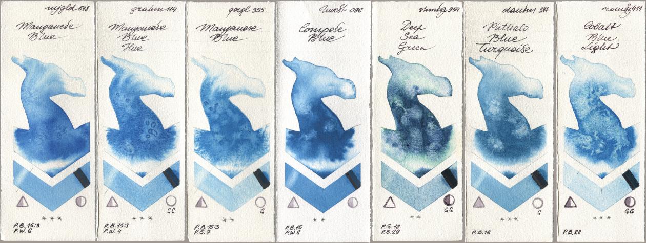 Mijello Mission Gold 548 Manganese Blue, M. Graham & Co. Artists 114 Manganese Blue Hue, Golden QOR 355 Manganese Blue, Holbein Artists Watercolor 096 Compose Blue, Shminke Horadam Aquarell 954 Deep Sea Green, Daniel Smith 247 Phthalo Blue Turquoise, Roman Szmal Aquarius 411 Cobalt Blue Lig watercolor swatch