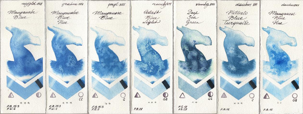 Mijello Mission Gold 548 Manganese Blue, M. Graham & Co. Artists 114 Manganese Blue Hue, Golden QOR 355 Manganese Blue, Roman Szmal Aquarius 411 Cobalt Blue Light, Shminke Horadam Aquarell 954 Deep Sea Green, Daniel Smith 247 Phthalo Blue Turquoise, 051 Manganese Blue H watercolor swatch