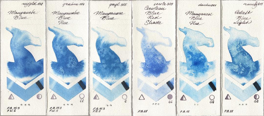 Mijello Mission Gold 548 Manganese Blue, M. Graham & Co. Artists 114 Manganese Blue Hue, Golden QOR 355 Manganese Blue, Sennelier l Aquarelle 305 Cerulean Blue Red Shade, Daniel Smith 051 Manganese Blue Hue, Roman Szmal Aquarius 411 Cobalt Blue Lig watercolor swatch