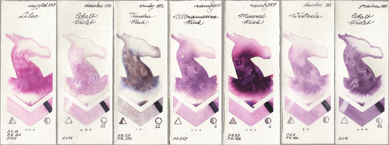 Mijello Mission Gold 558 Lilac, Daniel Smith 030 Cobalt Violet, Shminke Horadam Aquarell 982 Tundra Pink, Roman Szmal Aquarius 215 Ultramarine Pink, 379 Mineral Pink, 231 Wisteria, M. Graham & Co. Artists 099 Cobalt Viol watercolor swatch