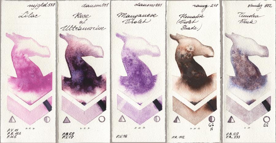 Mijello Mission Gold 558 Lilac vs Daniel Smith 101 Rose of Ultramarine vs 261 Manganese Violet vs Roman Szmal Aquarius 248 Hematite (Violet Shade) vs Shminke Horadam Aquarell 982 Tundra Pink watercolor swatch