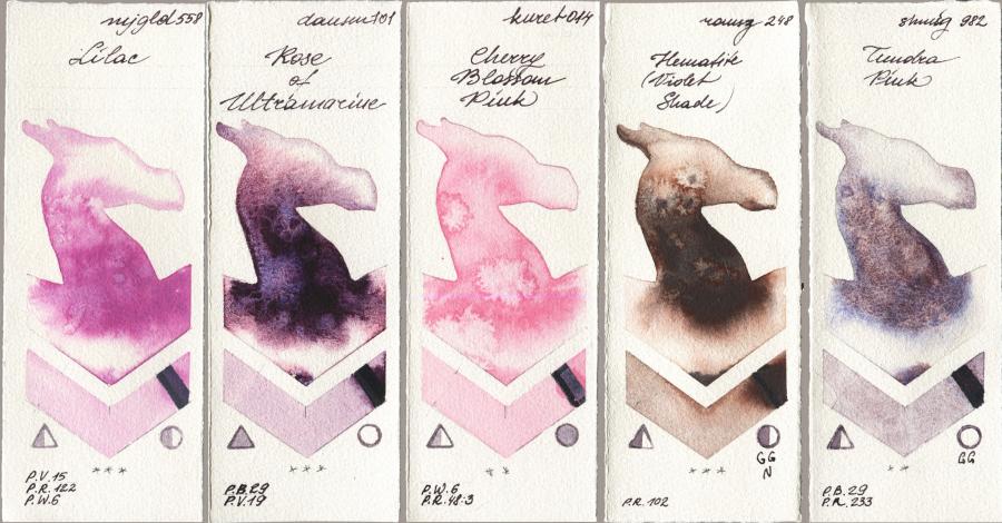 Mijello Mission Gold 558 Lilac vs Daniel Smith 101 Rose of Ultramarine vs Kuretake Gansai Tambi 014 Cherry Blossom Pink vs Roman Szmal Aquarius 248 Hematite (Violet Shade) vs Shminke Horadam Aquarell 982 Tundra Pink watercolor swatch