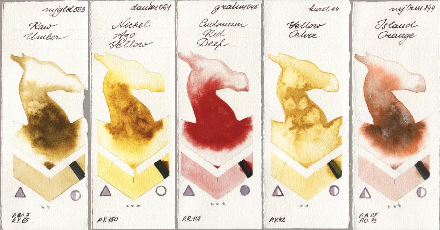 Mijello Mission Gold 563 Raw Umber vs Daniel Smith 061 Nickel Azo Yellow vs M. Graham & Co. Artists 045 Cadmium Red Deep vs Kuretake Gansai Tambi 044 Yellow Ochre vs 844 Island Orange watercolor swatch