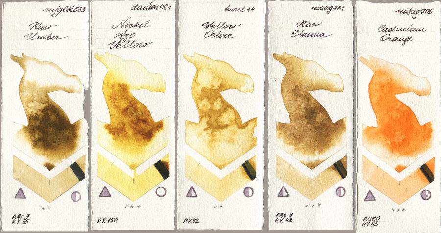 Mijello Mission Gold 563 Raw Umber vs Daniel Smith 061 Nickel Azo Yellow vs Kuretake Gansai Tambi 044 Yellow Ochre vs Rosa Gallery 721 Raw Sienna vs 705 Cadmium Orange watercolor swatch