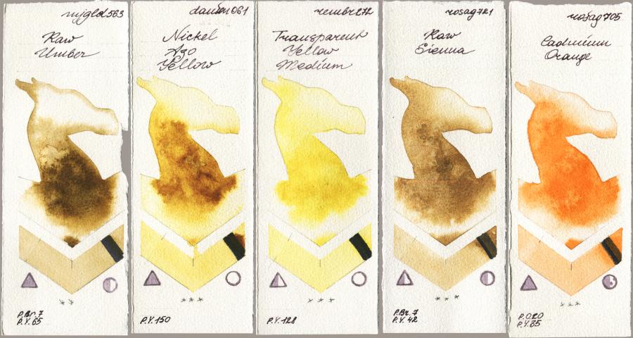 Mijello Mission Gold 563 Raw Umber vs Daniel Smith 061 Nickel Azo Yellow vs Royal Talens Rembrandt Watercolour 272 Transparent Yellow Medium vs Rosa Gallery 721 Raw Sienna vs 705 Cadmium Orange watercolor swatch