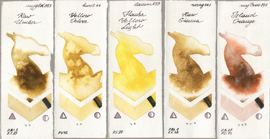 Mijello Mission Gold 563 Raw Umber vs Kuretake Gansai Tambi 044 Yellow Ochre vs Daniel Smith 039 Hansa Yellow Light vs Rosa Gallery 721 Raw Sienna vs 844 Island Orange watercolor swatch