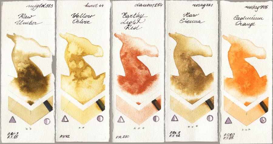 Mijello Mission Gold 563 Raw Umber vs Kuretake Gansai Tambi 044 Yellow Ochre vs Daniel Smith 254 Earthy Light Red vs Rosa Gallery 721 Raw Sienna vs 705 Cadmium Orange watercolor swatch