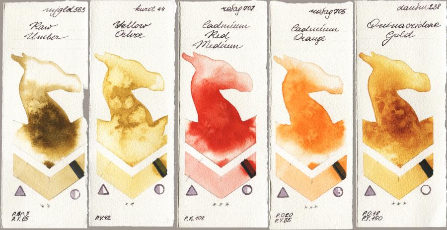 Mijello Mission Gold 563 Raw Umber vs Kuretake Gansai Tambi 044 Yellow Ochre vs Rosa Gallery 707 Cadmium Red Medium vs 705 Cadmium Orange vs Daniel Smith 238 Quinacridone Gold watercolor swatch