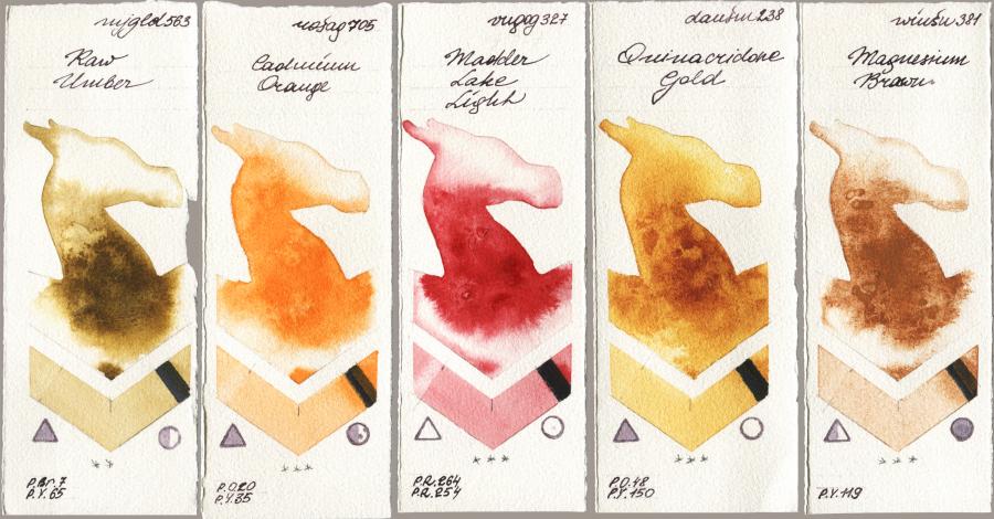 Mijello Mission Gold 563 Raw Umber vs Rosa Gallery 705 Cadmium Orange vs Royal Talens Van Gogh Watercolour 327 Madder Lake Light vs Daniel Smith 238 Quinacridone Gold vs Winsor & Newton Professional 381 Magnesuim Brown watercolor swatch