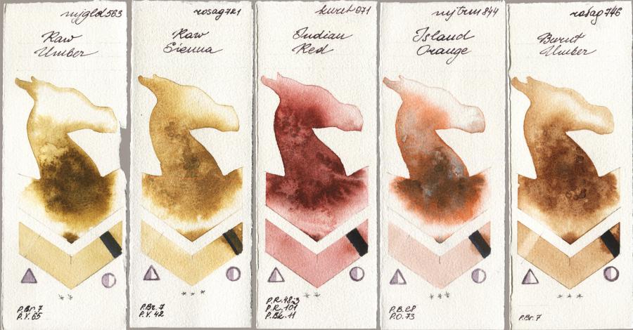 Mijello Mission Gold 563 Raw Umber vs Rosa Gallery 721 Raw Sienna vs Kuretake Gansai Tambi 071 Indian Red vs 844 Island Orange vs 746 Burnt Umber watercolor swatch